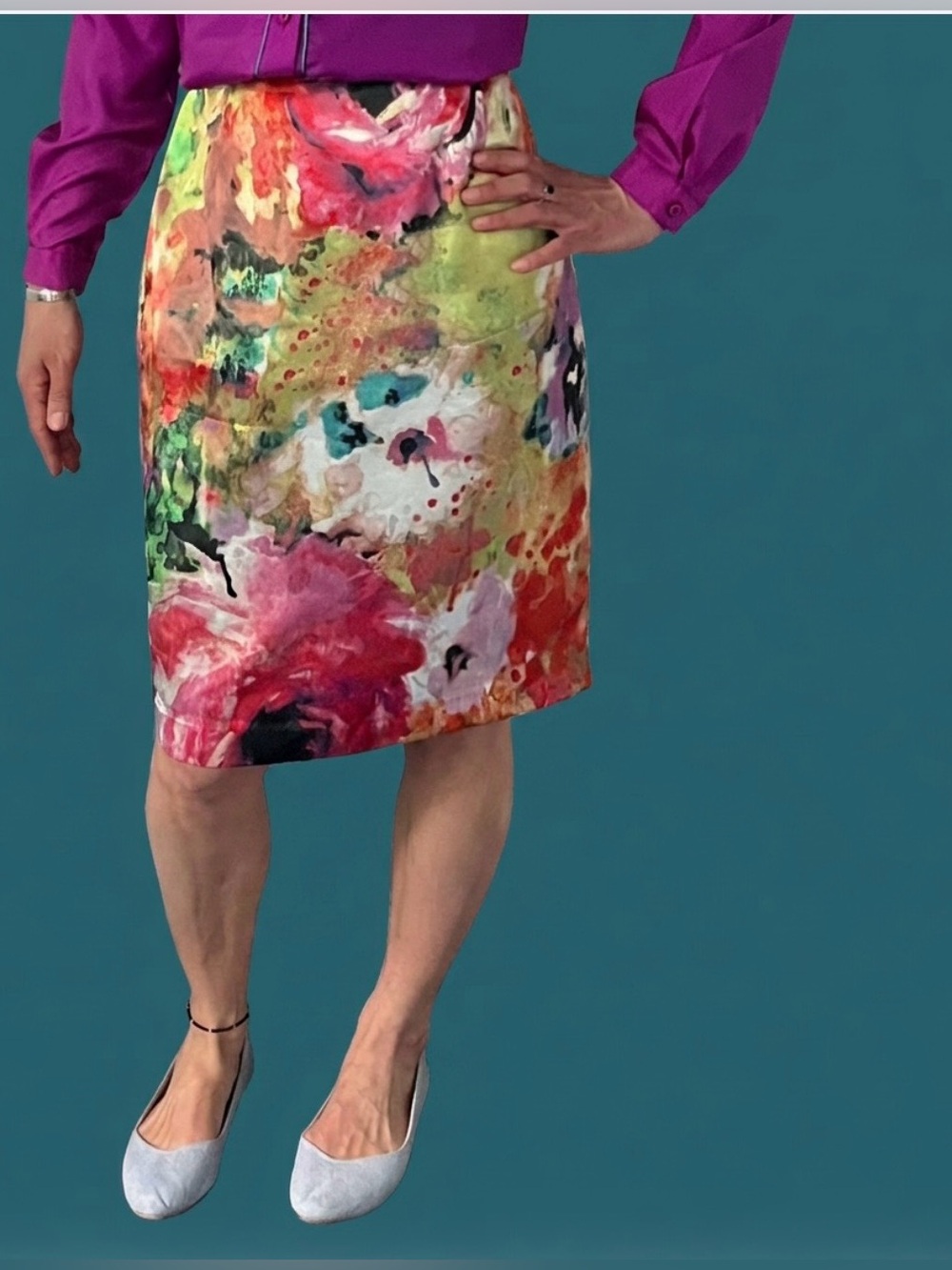 Artsy Floral Knee Length Pencil Skirt Multicolored Statement - Pink Blue Green